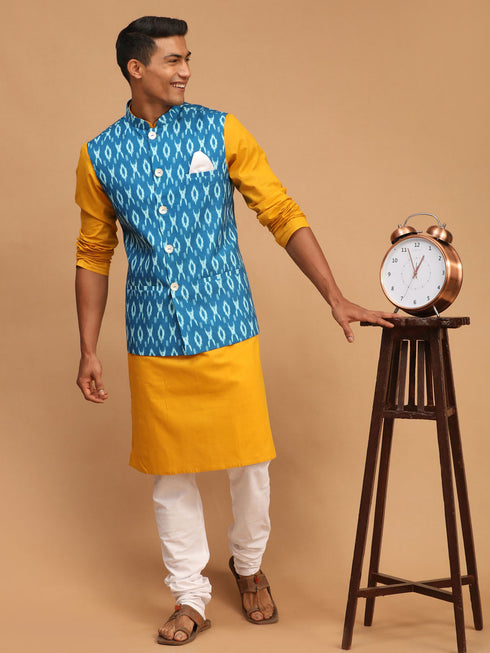 Vastramay Men's Turquoise Ikkat Printed Cotton Nehru Jacket With Mustard Kurta And White Pyjama Set